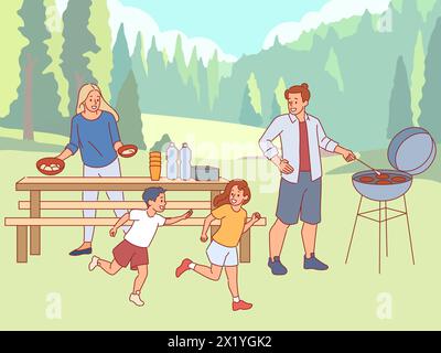 Family barbecue party. Parents cook meat on grill, children play outdoors, lunch in nature, happy people actively relaxing, leisure outdoor together Stock Vector