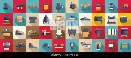 Equipment for paper production icons set flat vector. Factory roll. Wood process Stock Vector