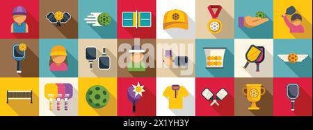Pickleball icons set flat vector. Sport game. Racket activity ball Stock Vector