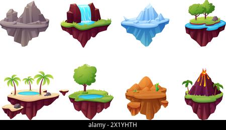 Floating islands. Cartoon game design objects with rocks, waterfall, desert, iceberg and volcano. Arcade games nature elements, nowaday vector set Stock Vector