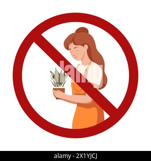 Woman with a plant as a sign of prohibition. Gardening is forbidden. Allergy danger. Do not disturb potted plants. Stock Vector