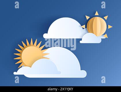 Paper cut weather element of clouds and sun on blue sky Stock Vector