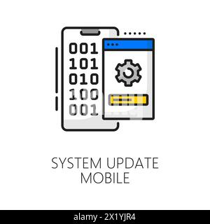 System update mobile color line icon, maintenance and update software app vector linear sign. Gear symbol and binary code on smartphone screen, indicating software or system enhancements Stock Vector
