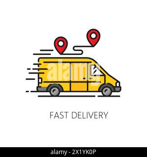 Fast delivery truck color line icon of vector shipping, cargo carriage and package delivery service. Logistics and supply chain outline sign with yellow van, courier car and truck, shipping route pins Stock Vector