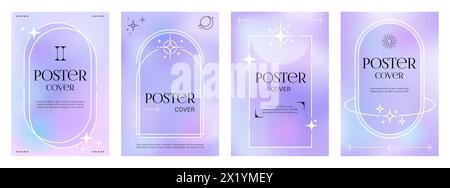 Modern aesthetic purple gradient Y2K posters and abstract backgrounds, vector cover templates. Pastel or neon purple color gradient posters with Y2K aesthetic geometric and simple minimal frames Stock Vector