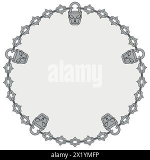 Vector design Circle with chains and padlock for dungeon and dungeons, skull shaped padlock with cutting chains Stock Vector