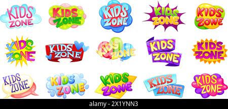 Kids zone badges. Kid play room sign sticker pack, childish fun party color logo cartoon stickers children entertainment zones bright text playground, neoteric vector illustration Stock Vector