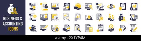Business and accounting icon set. Containing financial statement, accountant, financial audit, invoice, tax calculator, business firm, tax return, Stock Vector
