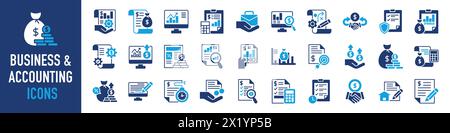 Business and accounting icon set. Containing financial statement, accountant, financial audit, invoice, tax calculator, business firm, tax return, Stock Vector