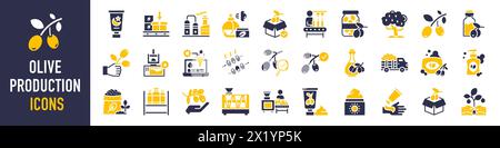 Olive production icon set. Such as cream, washing, oil tank, branch, harvest, press machine, jar, factory, filter, quality control, soap, shampoo. Stock Vector