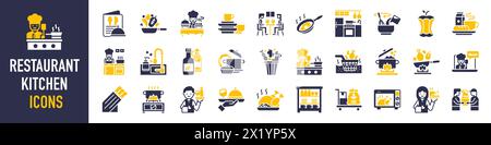 Restaurant kitchen icon set. Such as dispenser, salt & pepper, cooking , grill, food menu, cookware, healthy food, sink, frying pan, knife, waitress. Stock Vector