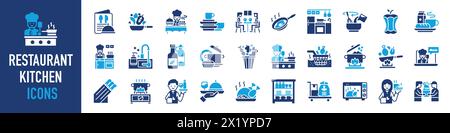 Restaurant kitchen icon set. Such as dispenser, salt & pepper, cooking , grill, food menu, cookware, healthy food, sink, frying pan, knife, waitress. Stock Vector