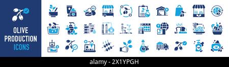 Olive production icon set. Such as cream, washing, oil tank, branch, harvest, press machine, jar, factory, filter, quality control, soap, shampoo. Stock Vector