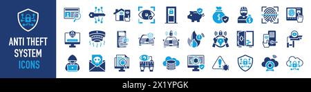 Anti theft system icons set. Such as hack, terrorist, password, detective, security room, malware, intercom, identity protection, alarm, lock icon. Stock Vector
