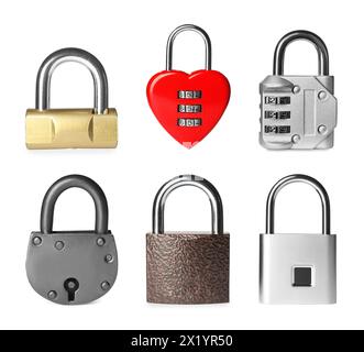 Different padlocks isolated on white, set of photos Stock Photo