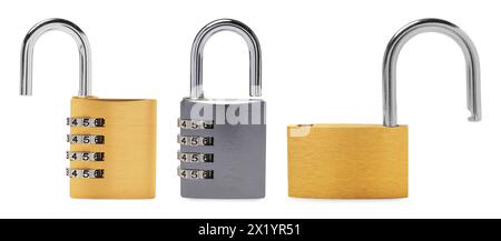 Different padlocks isolated on white, set of photos Stock Photo