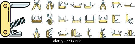 Multitool icons set outline vector. Multifunctional knife. Army blade thin line color flat on white Stock Vector