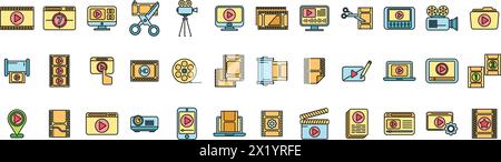 Clip montage icons set outline vector. Studio film. Movie production thin line color flat on white Stock Vector