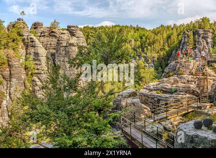 View over the Neurathen rock castle from the Bastei Bridge in Saxon Switzerland, Saxony, Germany Stock Photo