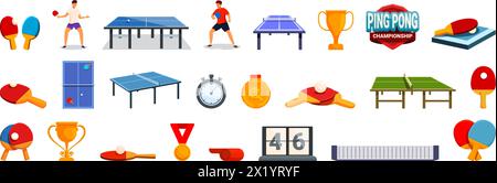 Ping pong tournament icons set cartoon vector. People playing. Sport indoor Stock Vector