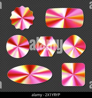 Pink hologram sticker with metal foil gradient. Iridescent circle with holographic color gradation for button. Cd disc circular rose oval swatch icon collection. Abstract shiny neon square badge set Stock Vector