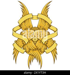 Vector design of Angel with six wings and ribbon, angelic face of the Catholic religion, winged archangel and surrounded with celestial scroll Stock Vector