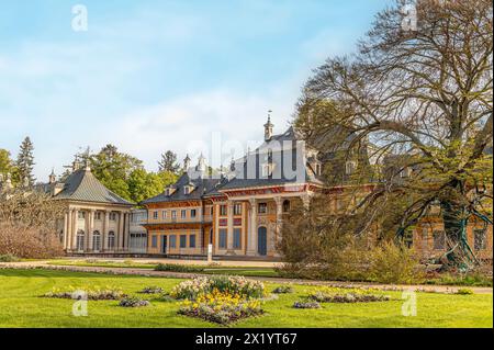 Flowers in front of the Bergpalais in Pillnitz Castle Park in spring, Dresden, Saxony, Germany Stock Photo
