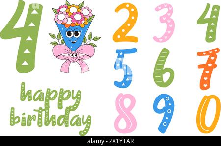 Happy birthday banner in retro groovy style. Vintage walking character and numbers. Funky mascot psychedelic smile. Stock Vector