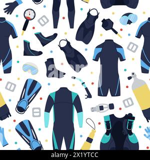 Scuba diving seamless pattern. Snorkeling hobby, underwater exploring elements. Tourist activity in ocean, suits and equipment decent vector Stock Vector