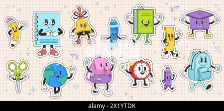 School stickers groovy style. Funky retro characters, emotional children mascots stationery. Bell, globe, happy pencil and alarm, snugly vector Stock Vector
