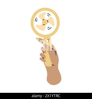 hand drawn simple portable fan - electric appliance. Vector illustration of fan with hand in pastel colors. Hand holding fan or push on button. Stock Vector