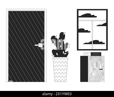 Doorway lobby decoration black and white 2D line cartoon object set Stock Vector