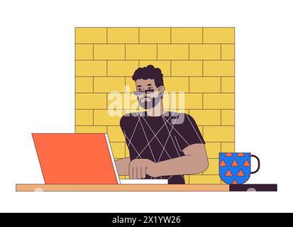 African american man working on laptop 2D linear cartoon character Stock Vector