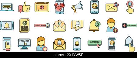 Subscribe icons set outline vector. Button arrow. Social media thin line color flat on white Stock Vector