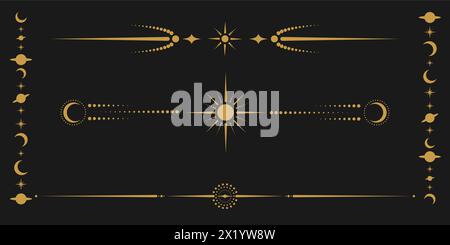 Vector celestial golden border set with stars, moon phases, crescents and dots. Collection of ornate shiny magical isolated clipart for mystic Stock Vector