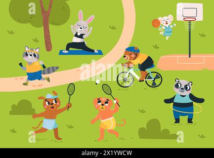 Animal outdoor training. Cute animals doing different exercises, bicycle riding and play basketball. Seasonal rest in park or nature, classy vector Stock Vector