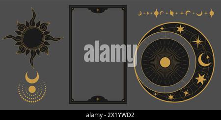 Vector mystic celestial set a with golden outline sun, stars, crescents and moon phases. Black occult shiny linear labels with a magical frame Stock Vector