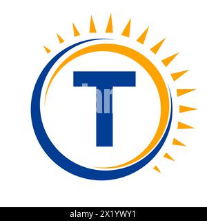 Solar Logo On Letter T Concept With Sun Icon. Solar System Symbol Stock Vector