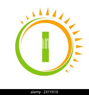Solar Logo On Letter I Concept With Sun Icon. Solar System Symbol Stock Vector