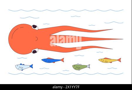 Octopus swimming with fish school 2D linear cartoon characters Stock Vector