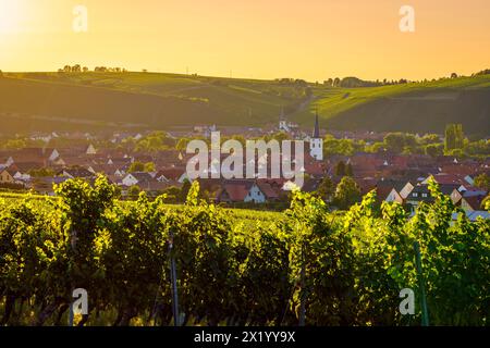 Sunset over the vineyards of the Weininsel and the wine towns of Nordheim am Main and Escherndorf on the Volkacher Mainschleife, Kitzingen district, L Stock Photo