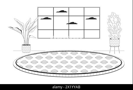 Houseplants livingroom cozy carpet round black and white cartoon flat illustration Stock Vector