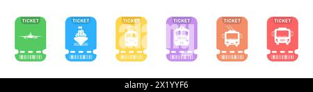 Payment cards in transport Travel tickets for, plane, train, bus, ship. Black icons of tourist tickets for pass transport. Ticket booking for tourism. Stock Vector