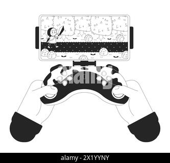 Cell phone gaming joystick black and white cartoon flat illustration Stock Vector
