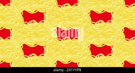 Yellow ramen noodles, spaghetti on a red background. Seamless pattern with pasta. Wavy texture with noodles. Vector illustration. Stock Vector