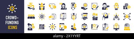 Crowdfunding icon set. Donation and charity icons. Such as innovation, business plan, investment, launch, funding, investor, business startup symbol. Stock Vector