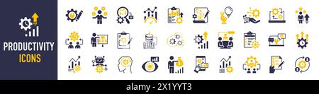 Productivity icon set. Such as efficiency, task, focus, multitasking, performance, process, workflow, growth, deal, routine, project management, data Stock Vector