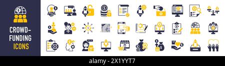Crowdfunding icon set. Donation and charity icons. Such as innovation, business plan, investment, launch, funding, investor, business startup symbol. Stock Vector