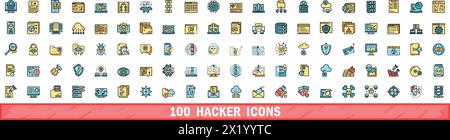 100 hacker icons set. Color line set of hacker vector icons thin line color flat on white Stock Vector