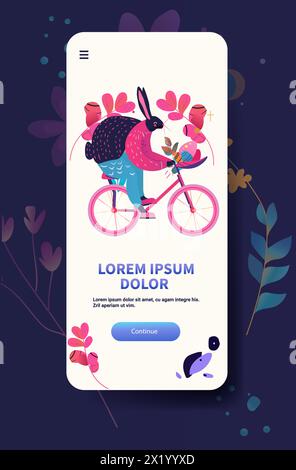 Happy Easter greeting card with rabbit riding on bike spring holiday celebration card vertical Stock Vector